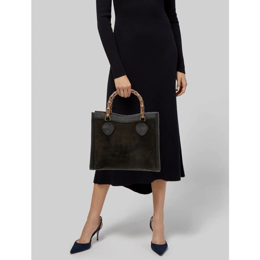 GUCCI Bamboo Diana Vintage Tote Bag Black Suede Leather Top Handles 1990s - Picture 11 of 17